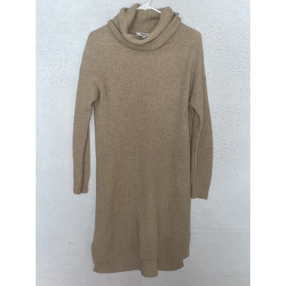 Madewell 100% Merino Wool Cowl Neck Tunic Tan Sweater Dress Size S Ribbed Knit